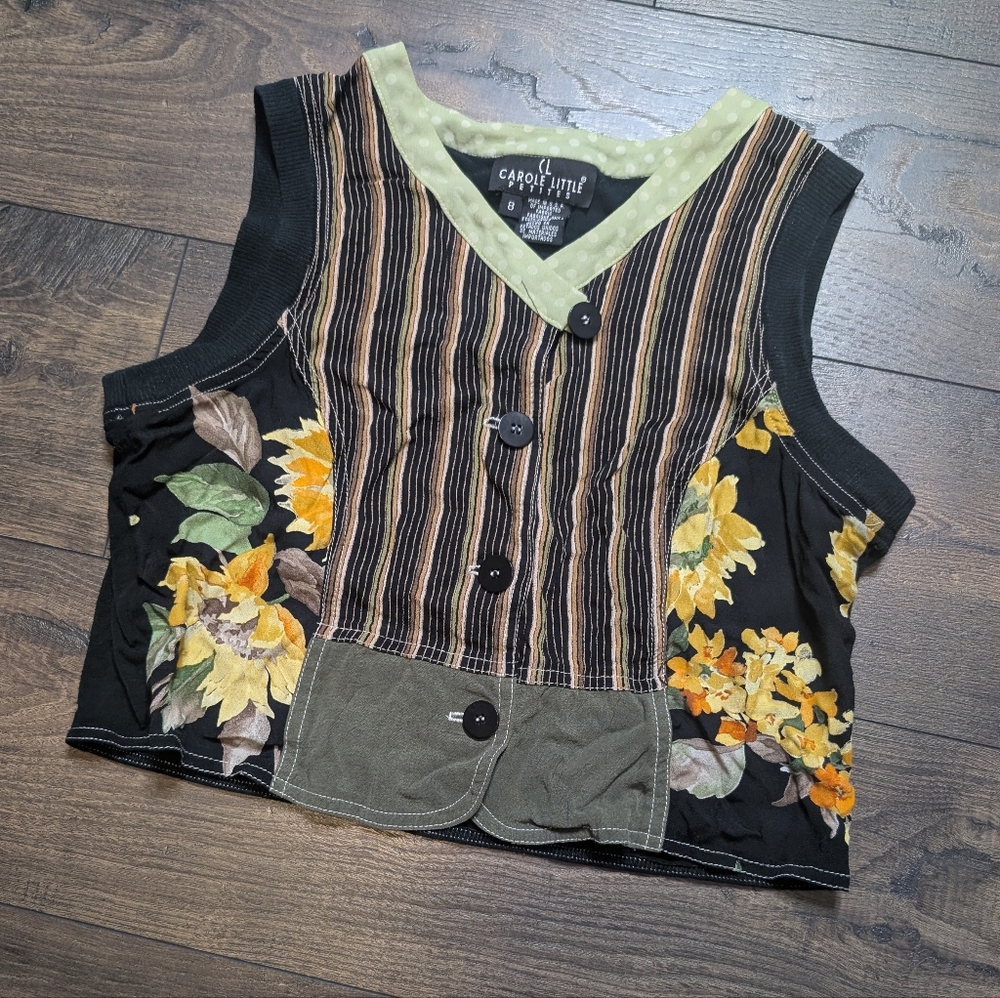 Carole Little Vintage Striped Floral Patch Boho Button Up Y2K Vest Top Size 8 - Picture 7 of 7